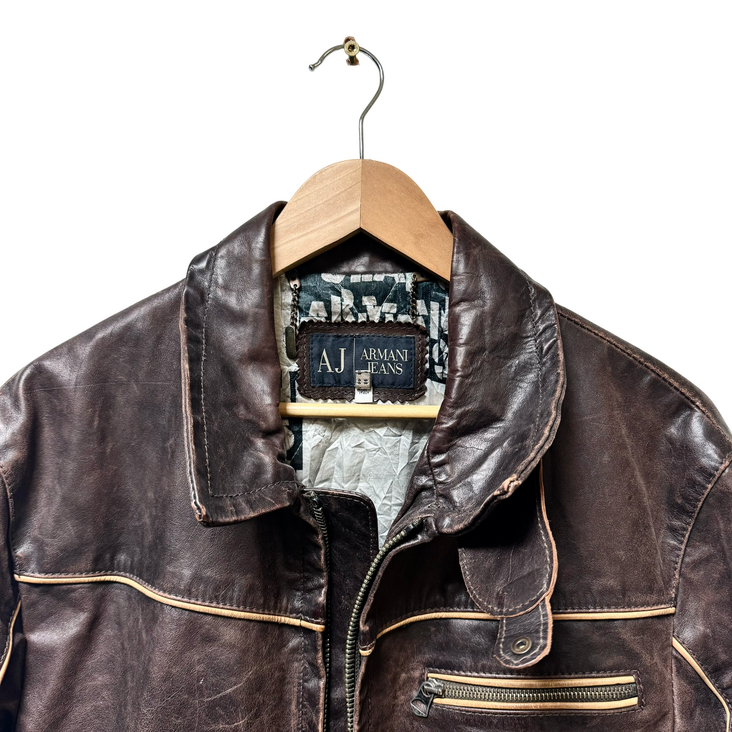 Late 90s Armani Jeans Piped Leather Jacket - L
